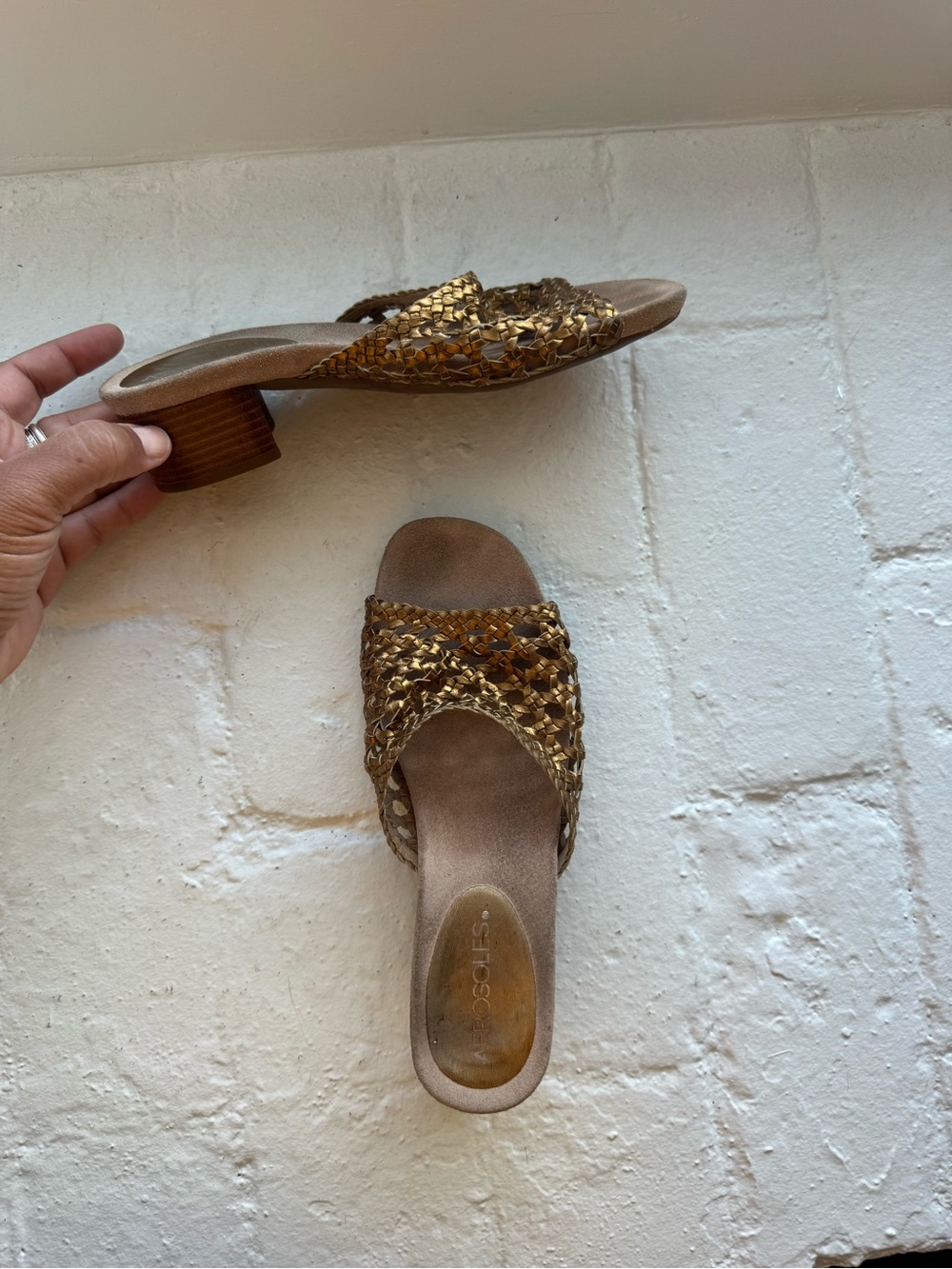 AEROSOLES Gold Metallic Woven Slip-On Sandals